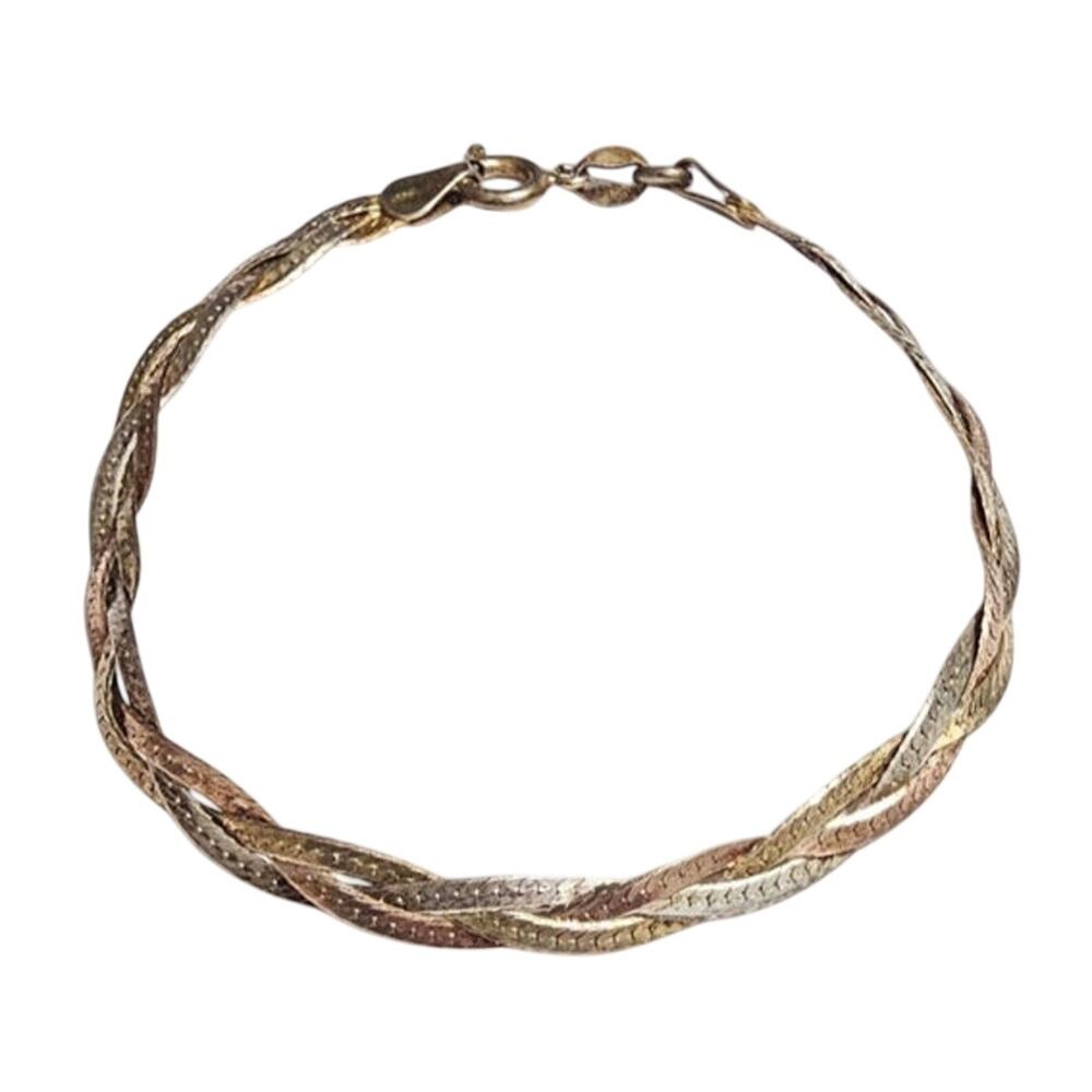 Vintage ItalianTri-Color Braided Herringbone Chain Bracelet 925 Italy
​